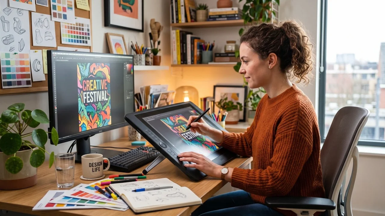Mesa de trabalho com computador e referências visuais