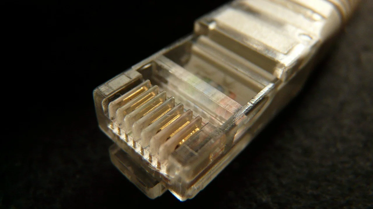 Conector RJ45 com contatos metálicos visíveis em detalhe.