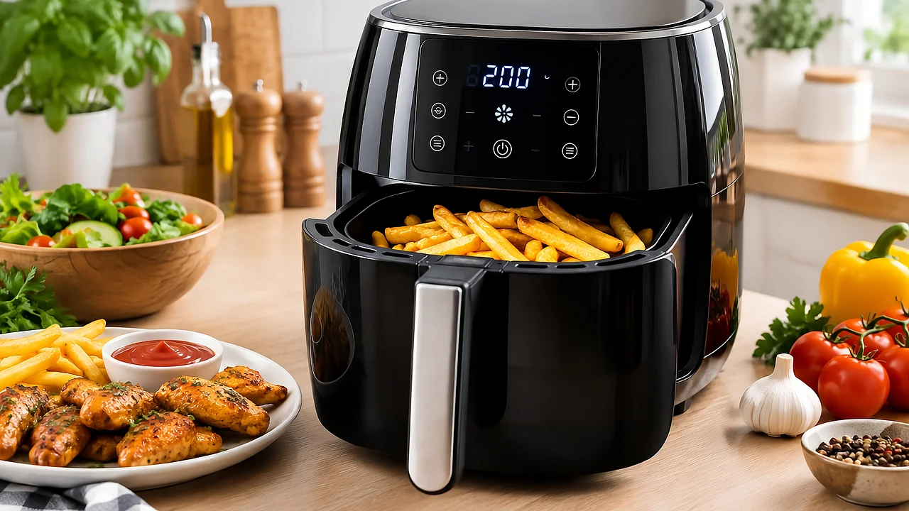Airfryer posicionada em bancada limpa e ventilada