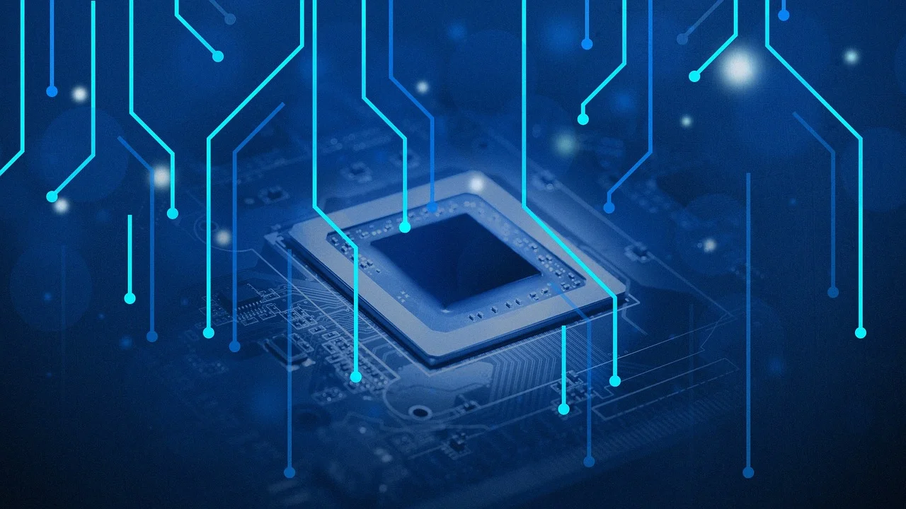 Detalhe visual de uma CPU e seus contatos metálicos